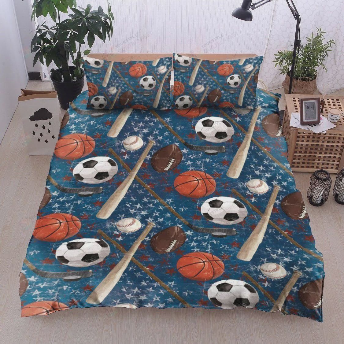 Personalized Bedding Set - Ball Sports Blue Star Pattern Cotton Spread Included 1 Soft Duvet Cover or Quilt and 2 Lightweight Breathe Pillowcases
