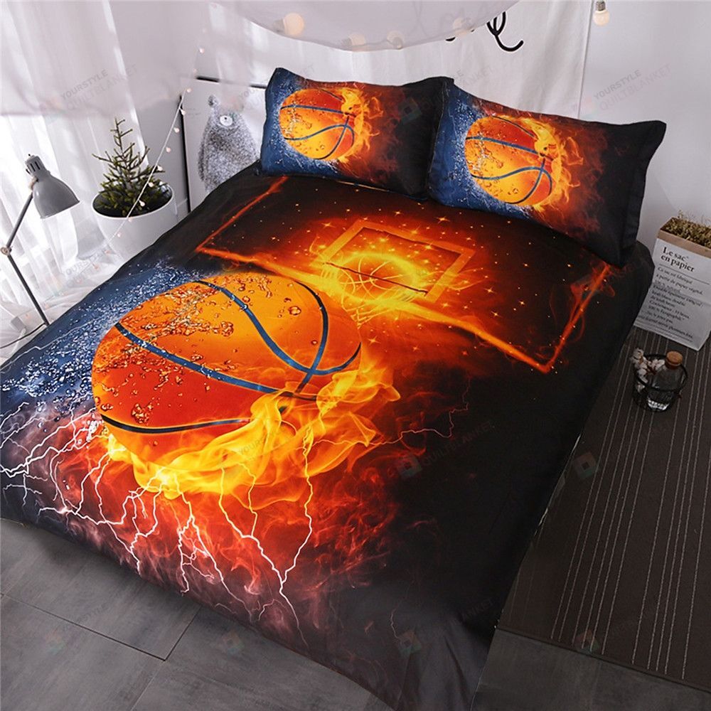 Personalized Bedding Set - Basketball Fire Background Spread Included 1 Soft Duvet Cover or Quilt and 2 Lightweight Breathe Pillowcases