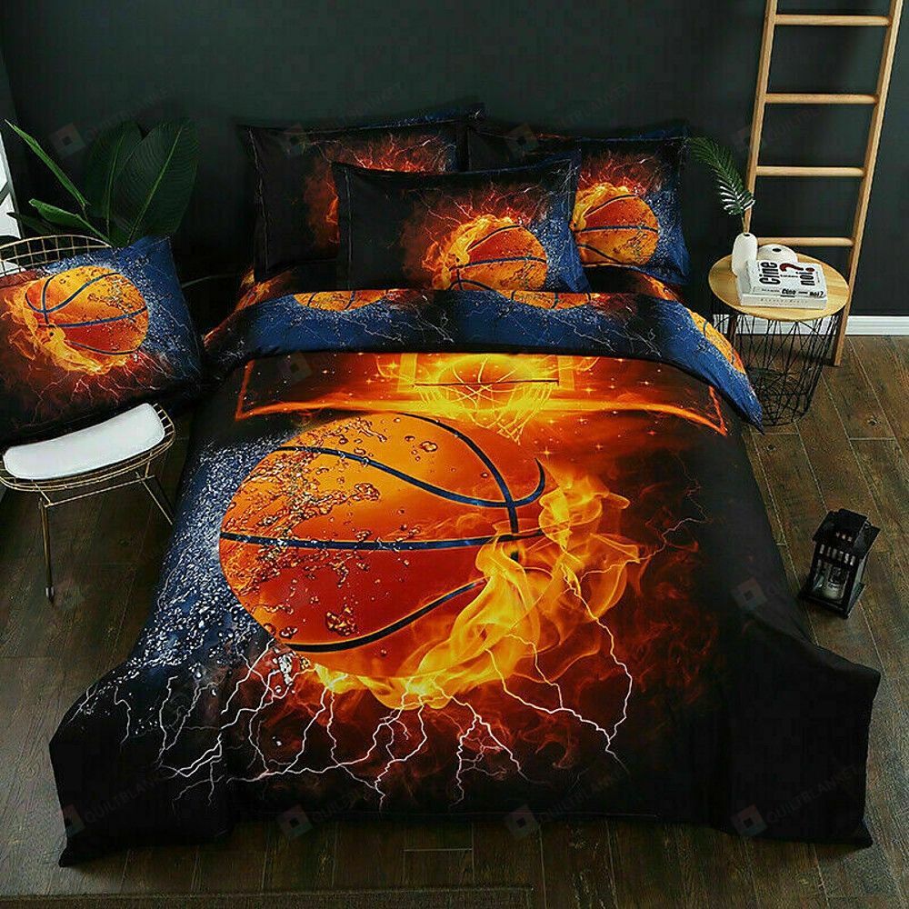 Personalized Bedding Set - Basketball Water Fire Background Spread Included 1 Soft Duvet Cover or Quilt and 2 Lightweight Breathe Pillowcases