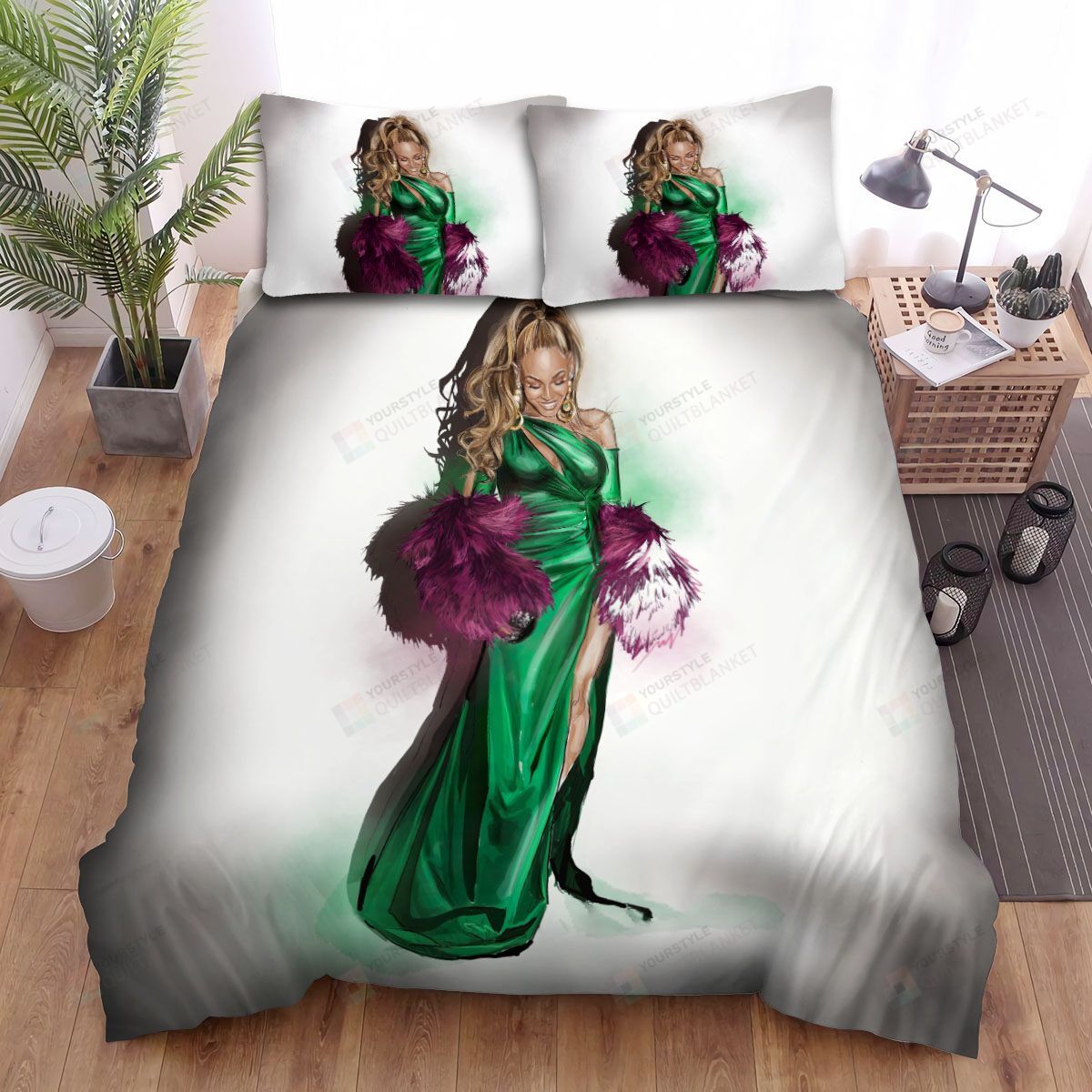 Personalized Bedding Set - Beyoncé Green Dress Illustration Spread Included 1 Soft Duvet Cover or Quilt and 2 Lightweight Breathe Pillowcases
