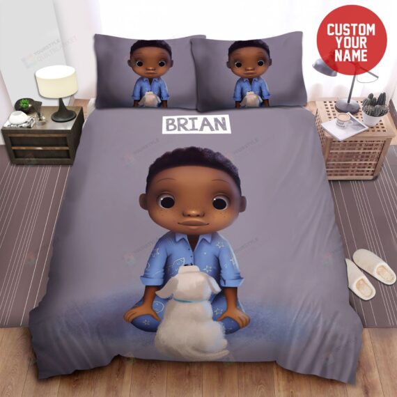 Personalized Bedding Set - Black Baby Dog Puppy Afro Custom Name Included 1 Soft Duvet Cover or Quilt and 2 Lightweight Breathe Pillowcases