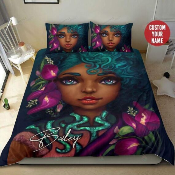 Personalized Bedding Set - Black Curly Cyan Hair Custom Name Included 1 Soft Duvet Cover or Quilt and 2 Lightweight Breathe Pillowcases