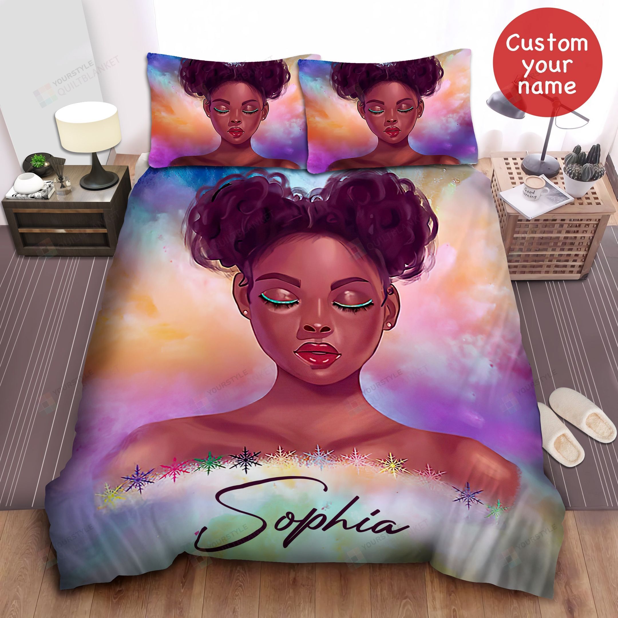 Personalized Bedding Set - Black Hair Buns On Colorful Background Spread Included 1 Soft Duvet Cover or Quilt and 2 Lightweight Breathe Pillowcases