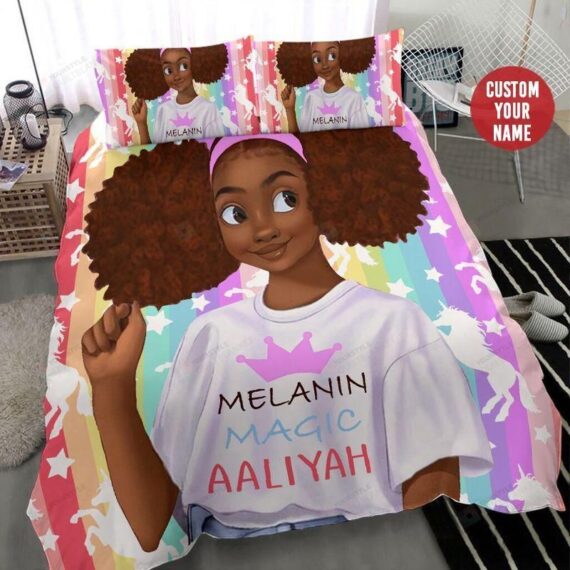 Personalized Bedding Set - Black Magic Melanin Custom Name Included 1 Soft Duvet Cover or Quilt and 2 Lightweight Breathe Pillowcases