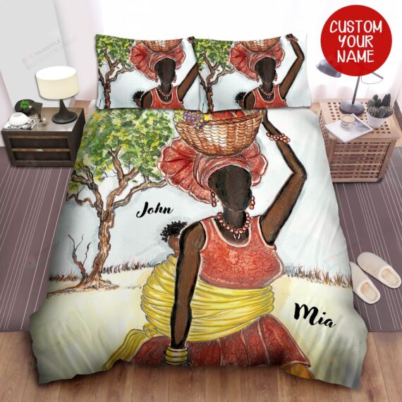 Personalized Bedding Set - Black Mother Piggybacking Baby Artwork Spread Included 1 Soft Duvet Cover or Quilt and 2 Lightweight Breathe Pillowcases