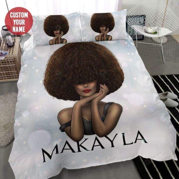 Personalized Bedding Set - Black Woman Gorgeous Afro Custom Name Included 1 Soft Duvet Cover or Quilt and 2 Lightweight Breathe Pillowcases