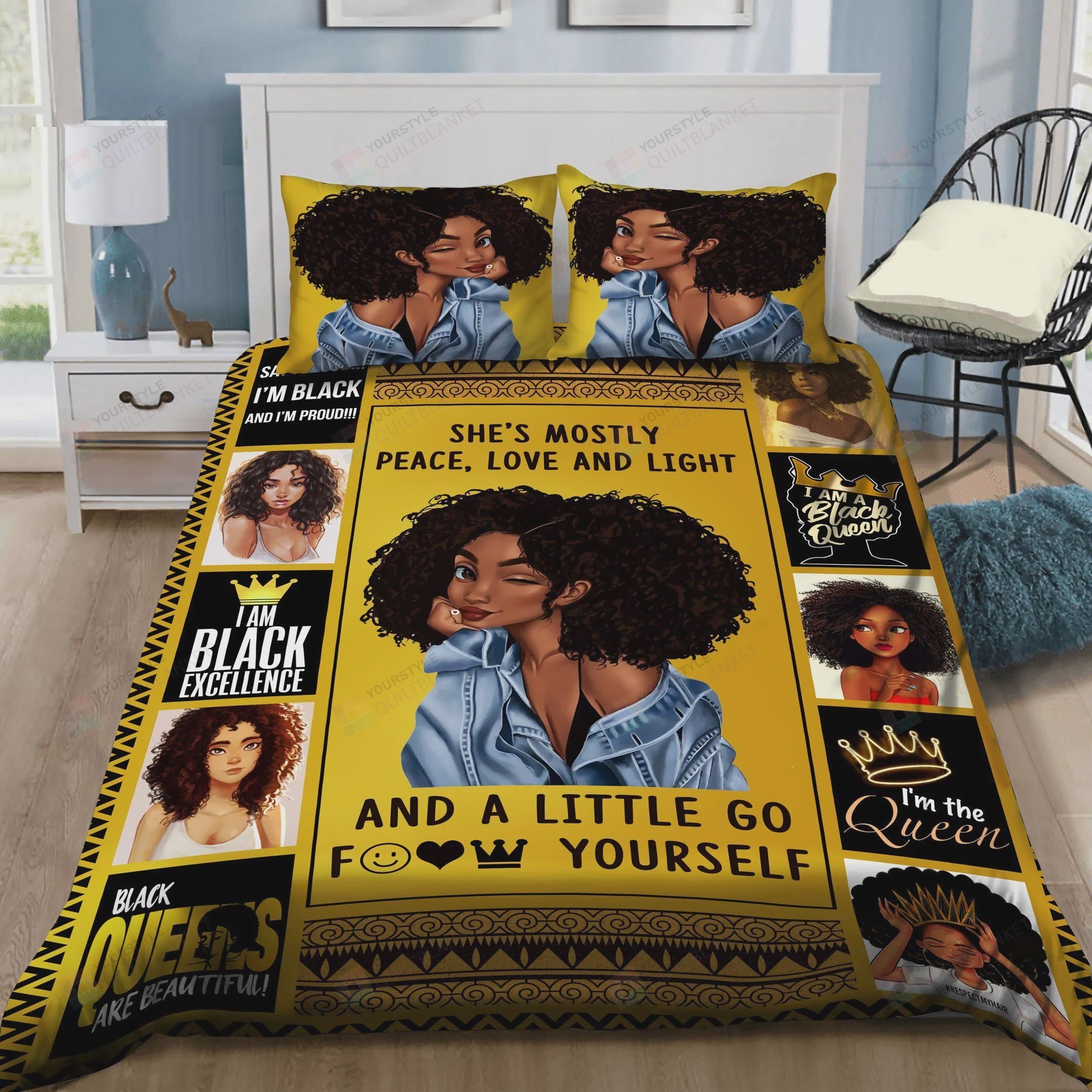 Personalized Bedding Set - Black Woman She's Mostly Peace Love Light Little So Fuck Yourself Cotton Spread Included 1 Soft Duvet Cover or Quilt and 2 Lightweight Breathe Pillowcases