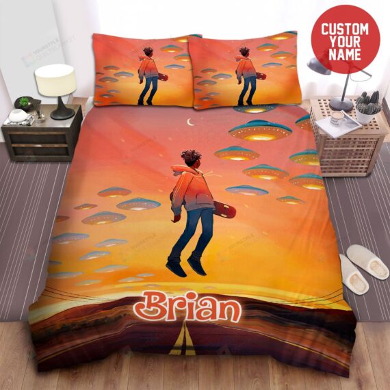 Personalized Bedding Set - Cool Black Holding Skateboard Afro Custom Name Included 1 Soft Duvet Cover or Quilt and 2 Lightweight Breathe Pillowcases