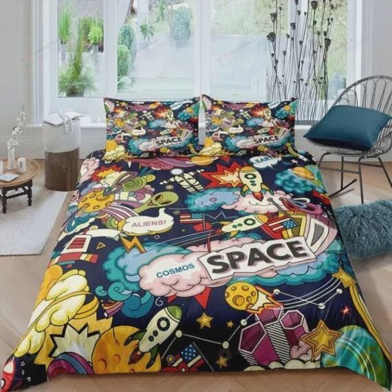 Personalized Bedding Set - Cosmos Space Rocket Astronaut Aliens Cotton Spread Included 1 Soft Duvet Cover or Quilt and 2 Lightweight Breathe Pillowcases