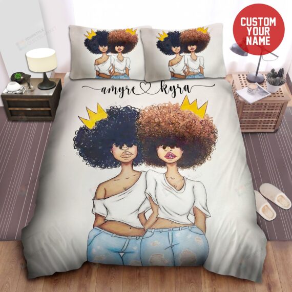 Personalized Bedding Set - Couple Black Big Afro African Custom Name Included 1 Soft Duvet Cover or Quilt and 2 Lightweight Breathe Pillowcases