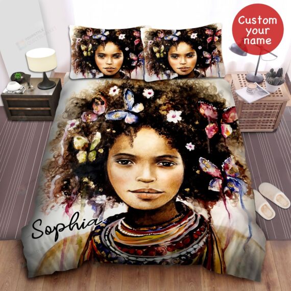 Personalized Bedding Set - Curly Haired Black Colorful Butterflies Spread Included 1 Soft Duvet Cover or Quilt and 2 Lightweight Breathe Pillowcases