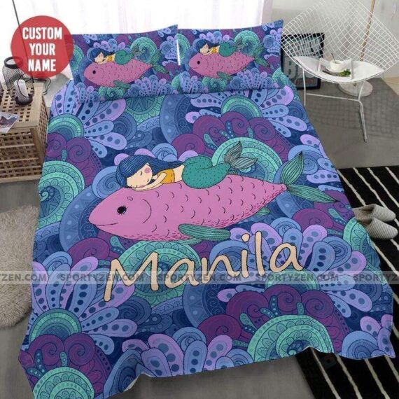 Personalized Bedding Set - Cute Mermaid Sleep On The Fish Cotton Spread Included 1 Soft Duvet Cover or Quilt and 2 Lightweight Breathe Pillowcases