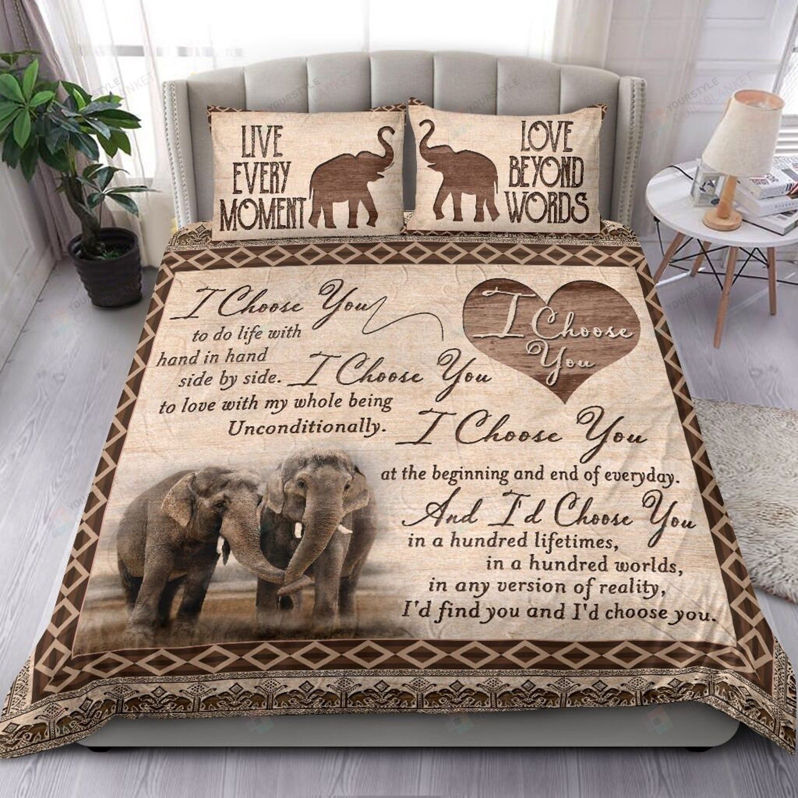 Personalized Bedding Set - Elephant Couple Live Every Moment Included 1 Soft Duvet Cover or Quilt and 2 Lightweight Breathe Pillowcases