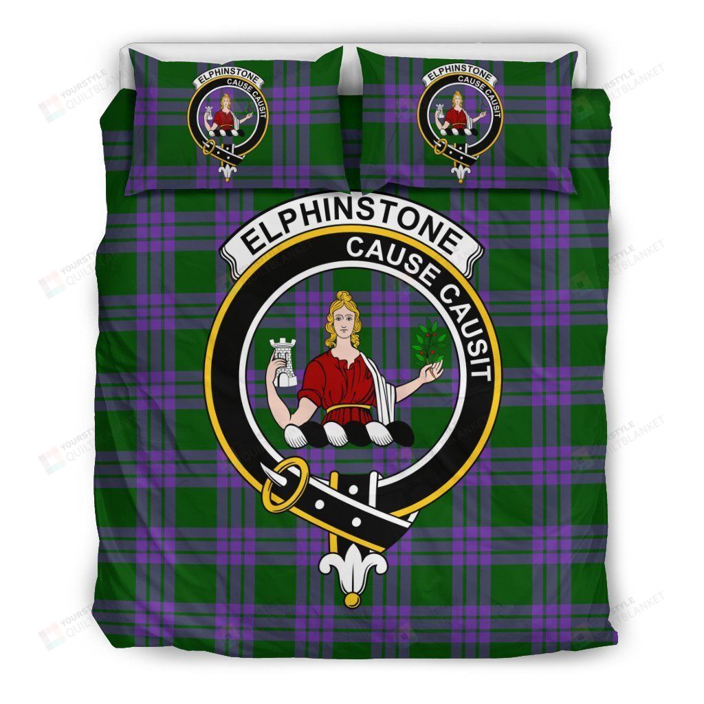 Personalized Bedding Set - Elphinstone Clan Badge Tartan Cotton Spread Included 1 Soft Duvet Cover or Quilt and 2 Lightweight Breathe Pillowcases