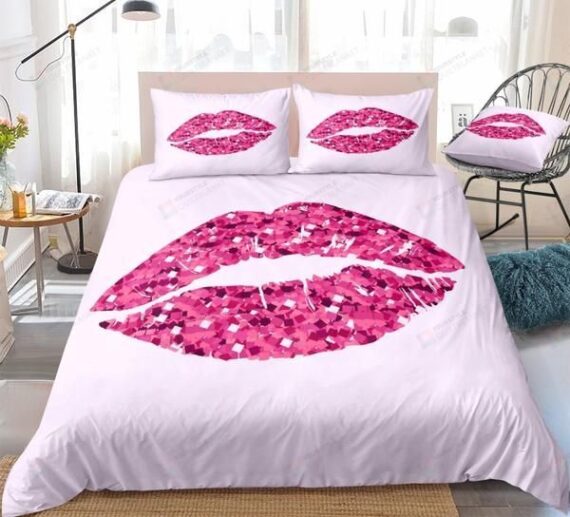 Personalized Bedding Set - Glittering Pink Lips Cotton Spread Included 1 Soft Duvet Cover or Quilt and 2 Lightweight Breathe Pillowcases