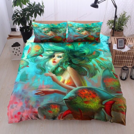 Personalized Bedding Set - Green Hair Mermaid Cotton Spread Included 1 Soft Duvet Cover or Quilt and 2 Lightweight Breathe Pillowcases