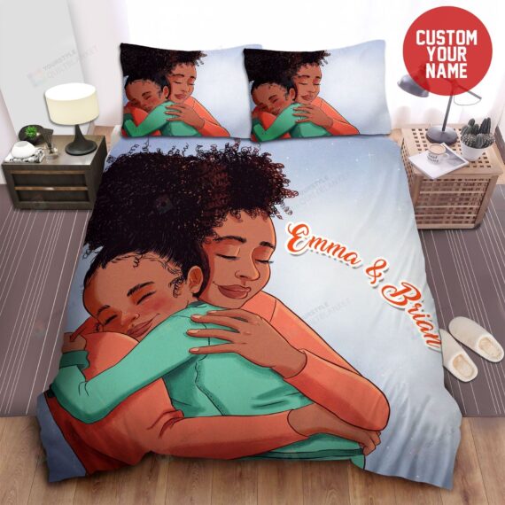 Personalized Bedding Set - Happy Black Mom Son Hugging Custom Name Mother's Day Included 1 Soft Duvet Cover or Quilt and 2 Lightweight Breathe Pillowcases