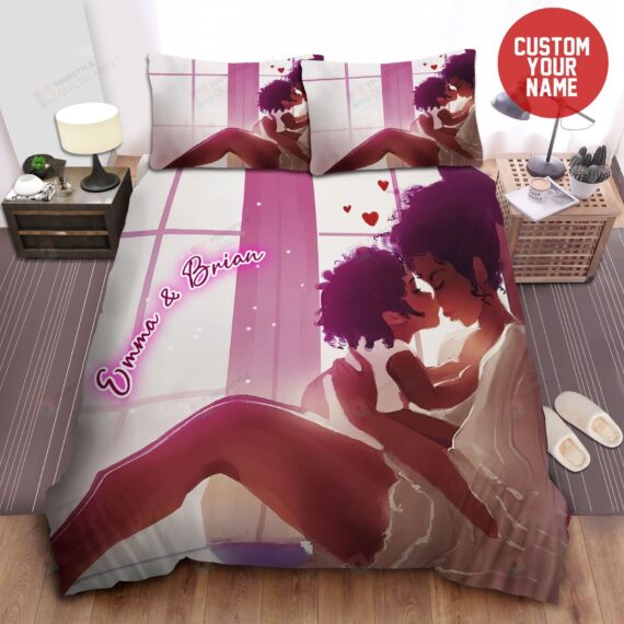 Personalized Bedding Set - Happy Black Mom Son Hugging Custom Name Mother's Day Included 1 Soft Duvet Cover or Quilt and 2 Lightweight Breathe Pillowcases