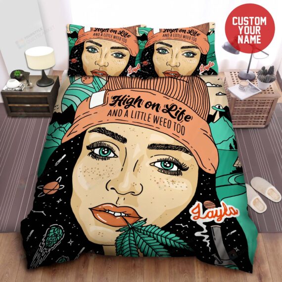 Personalized Bedding Set - Hippie High On Life Custom Name Included 1 Soft Duvet Cover or Quilt and 2 Lightweight Breathe Pillowcases