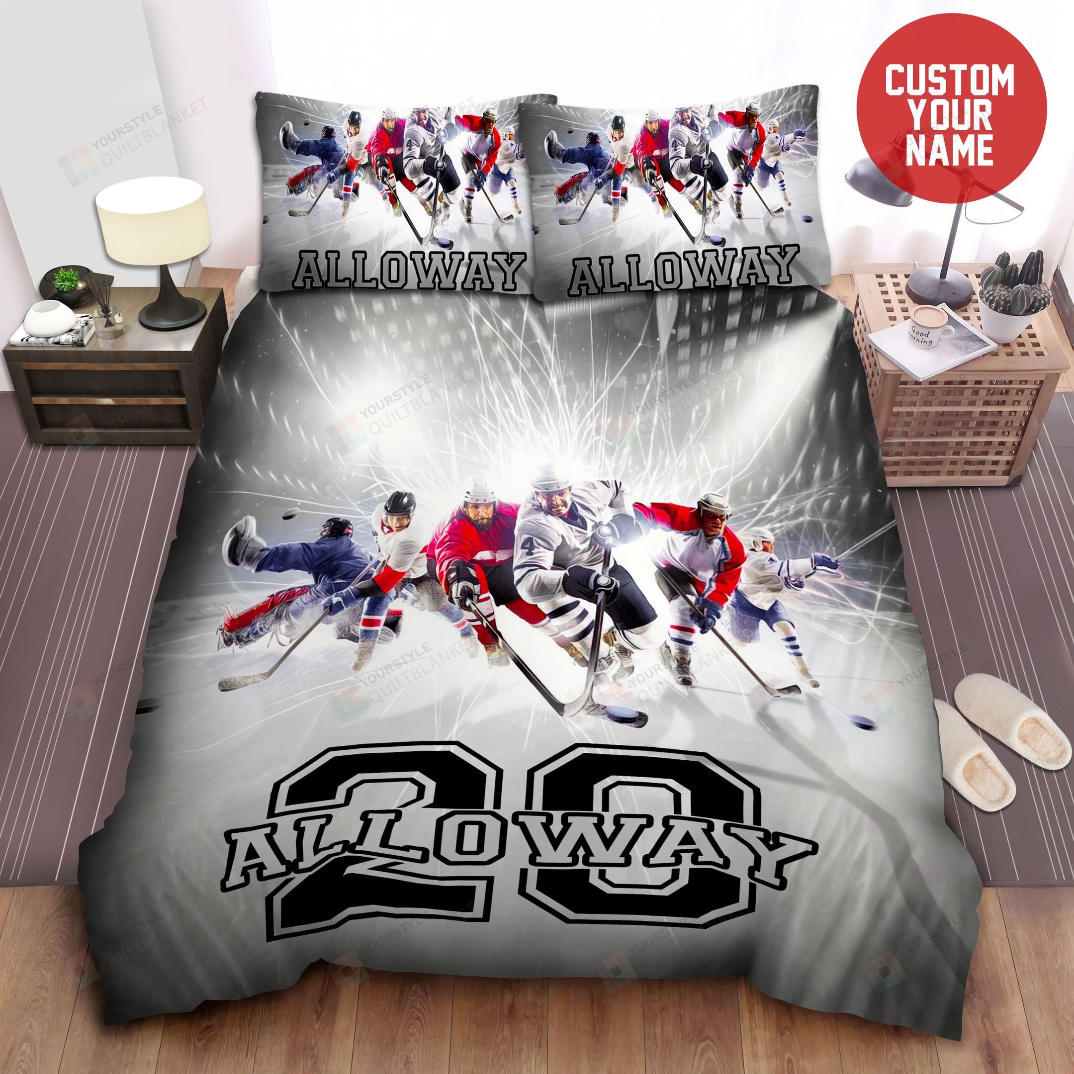 Personalized Bedding Set - Ice Hockey Team Custom Name Number Included 1 Soft Duvet Cover or Quilt and 2 Lightweight Breathe Pillowcases