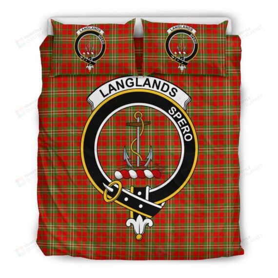 Personalized Bedding Set - Langlands Clan Badge Tartan Cotton Spread Included 1 Soft Duvet Cover or Quilt and 2 Lightweight Breathe Pillowcases