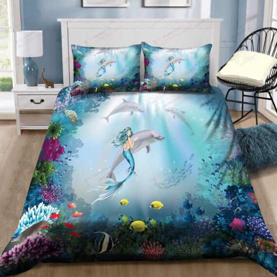 Personalized Bedding Set - Mermaid Dolphins Cotton Spread Included 1 Soft Duvet Cover or Quilt and 2 Lightweight Breathe Pillowcases
