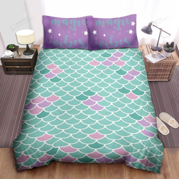 Personalized Bedding Set - Mermaid Magic Vibes Fish Scales Cotton Spread Included 1 Soft Duvet Cover or Quilt and 2 Lightweight Breathe Pillowcases