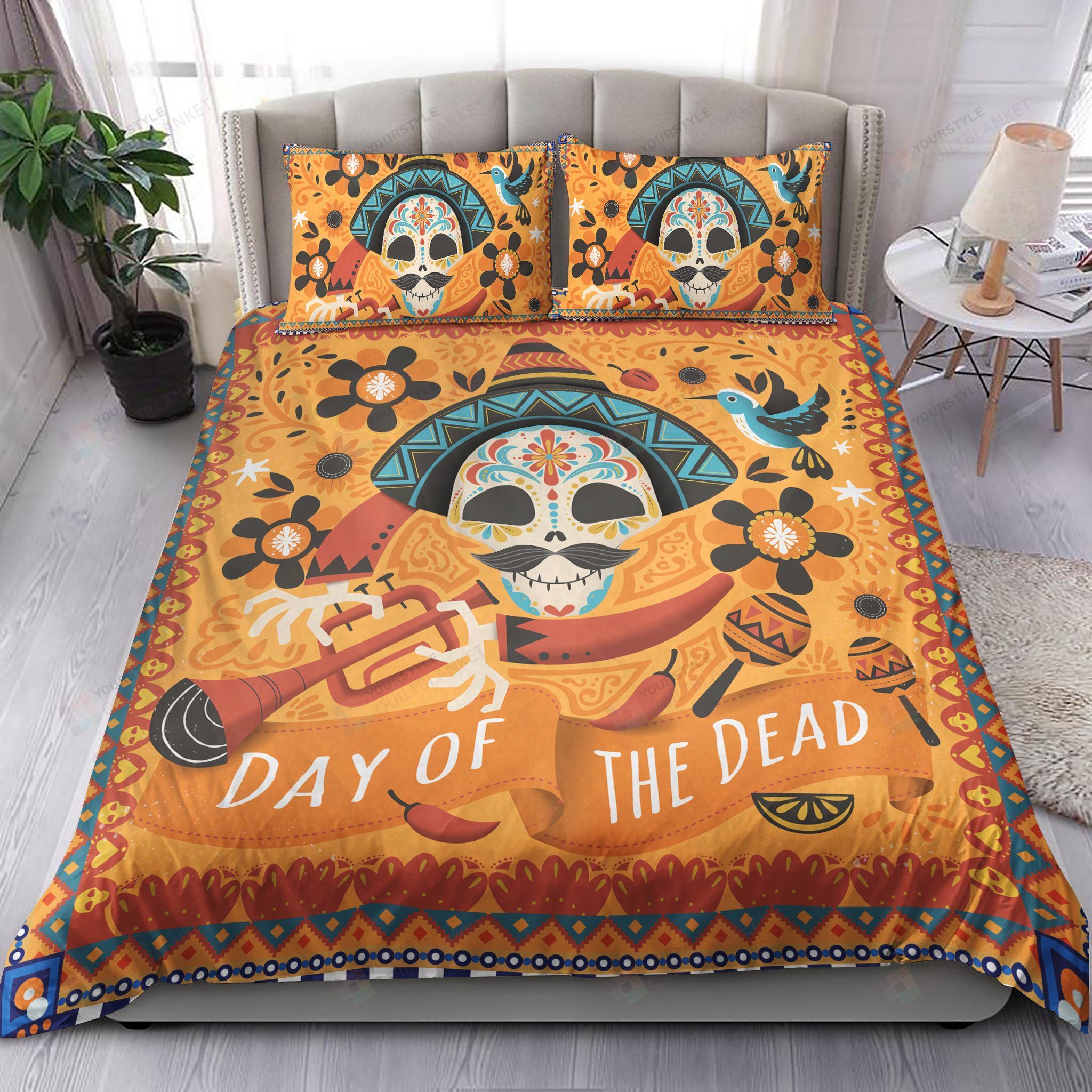 Personalized Bedding Set - Mexican Skull Day Of The Dead Spread Included 1 Soft Duvet Cover or Quilt and 2 Lightweight Breathe Pillowcases