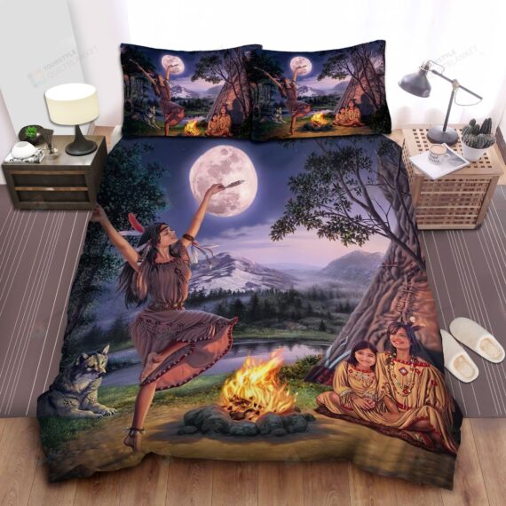Personalized Bedding Set - Native American Dancing Around The Fire Painting Spread Included 1 Soft Duvet Cover or Quilt and 2 Lightweight Breathe Pillowcases