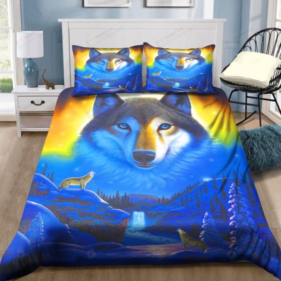 Personalized Bedding Set - Native American Wolf Spirit Animal Artwork Spread Included 1 Soft Duvet Cover or Quilt and 2 Lightweight Breathe Pillowcases