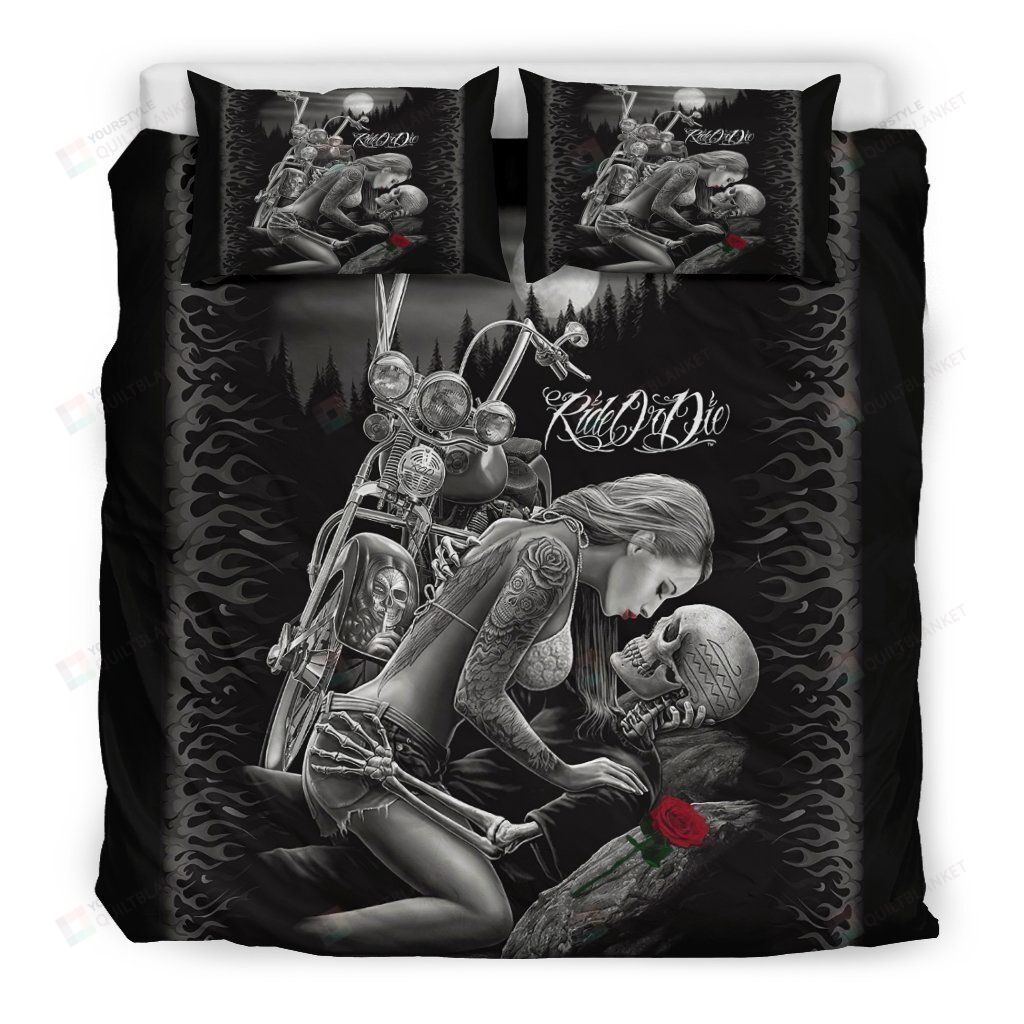 Personalized Bedding Set - Ride Die Skull Couple Spread Included 1 Soft Duvet Cover or Quilt and 2 Lightweight Breathe Pillowcases