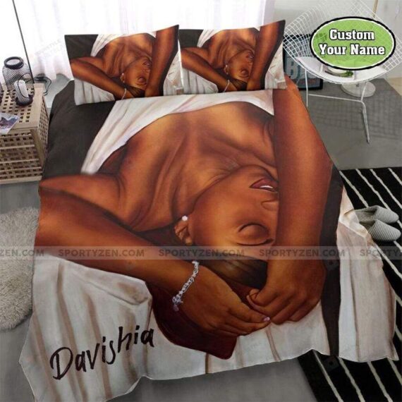 Personalized Bedding Set - Sexy Black Woman Lying Custom Name Included 1 Soft Duvet Cover or Quilt and 2 Lightweight Breathe Pillowcases