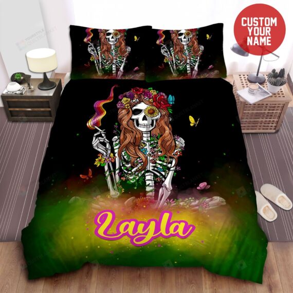 Personalized Bedding Set - Skeleton Hippie Skull Custom Name Included 1 Soft Duvet Cover or Quilt and 2 Lightweight Breathe Pillowcases