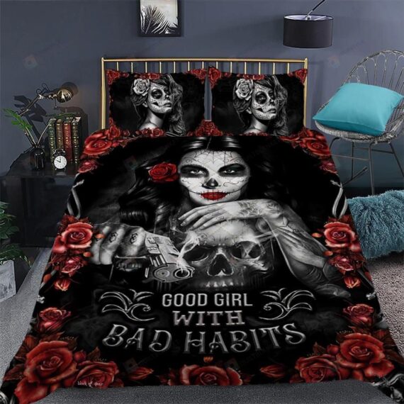 Personalized Bedding Set - Skull Good Bad Habits Cotton Spread Setsn Included 1 Soft Duvet Cover or Quilt and 2 Lightweight Breathe Pillowcases
