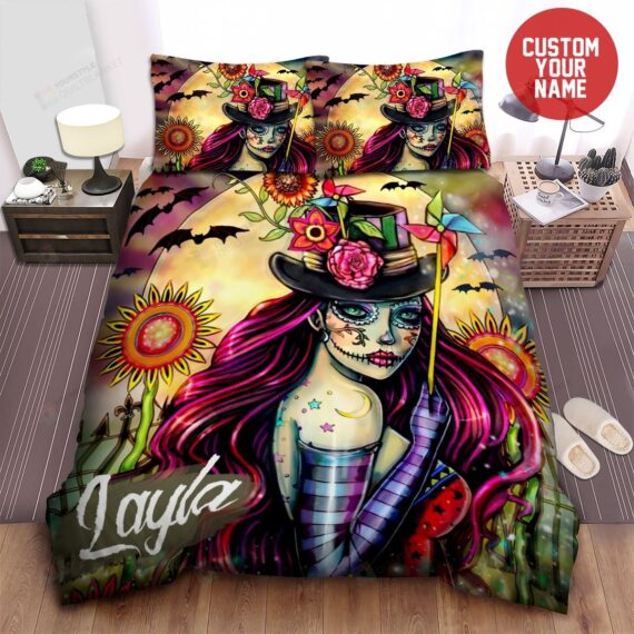 Personalized Bedding Set - Sugar Skull Custom Name Cotton Included 1 Soft Duvet Cover or Quilt and 2 Lightweight Breathe Pillowcases