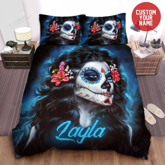 Personalized Bedding Set - Sugar Skull Custom Name Cotton Included 1 Soft Duvet Cover or Quilt and 2 Lightweight Breathe Pillowcases