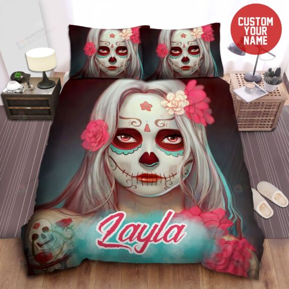 Personalized Bedding Set - Sugar Skull Custom Name Cotton Included 1 Soft Duvet Cover or Quilt and 2 Lightweight Breathe Pillowcases