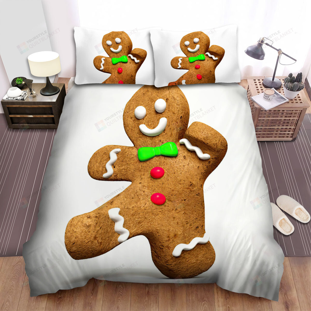Personalized Bedding Set - The Christmas Art Gingerbread Man Wearing Green Tie Spread Included 1 Soft Duvet Cover or Quilt and 2 Lightweight Breathe Pillowcases