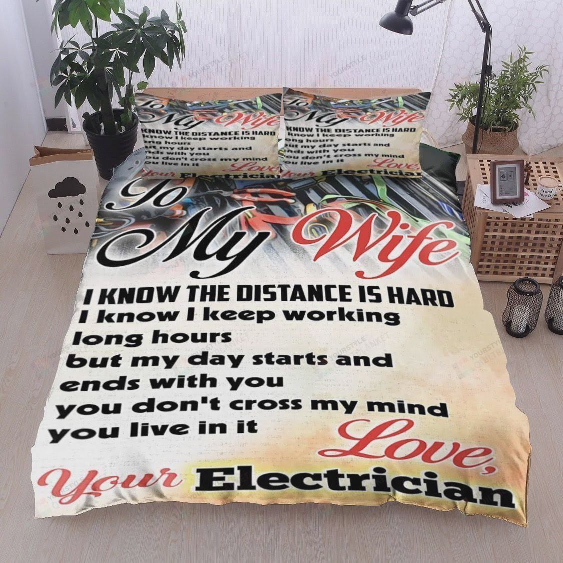 Personalized Bedding Set - To My Wife From Electrician You Don't Cross My Mind You Live It Cotton Spread Included 1 Soft Duvet Cover or Quilt and 2 Lightweight Breathe Pillowcases