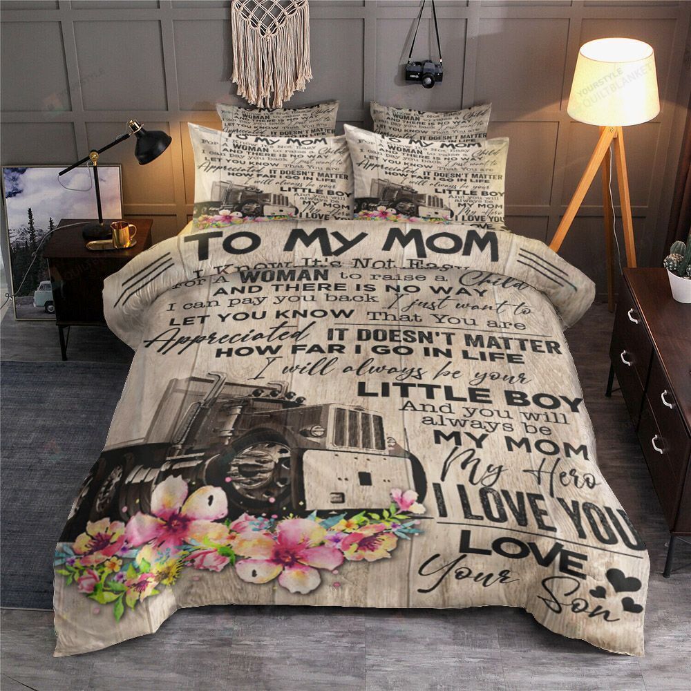 Personalized Bedding Set - Trucker To My Mom From Son I Will Always Be Your Little Cotton Spread Perfect Gifts Mother's Day Included 1 Soft Duvet Cover or Quilt and 2 Lightweight Breathe Pillowcases
