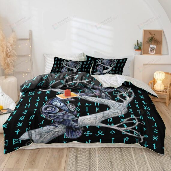 Personalized Bedding Set - Viking Black Bird Rune Alphabet Cotton Spread Included 1 Soft Duvet Cover or Quilt and 2 Lightweight Breathe Pillowcases