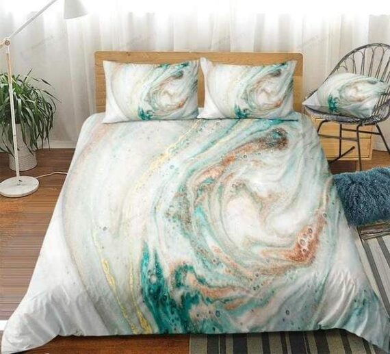 Personalized Bedding Set - White Cyan Marble Abstract Art Cotton Spread Included 1 Soft Duvet Cover or Quilt and 2 Lightweight Breathe Pillowcases
