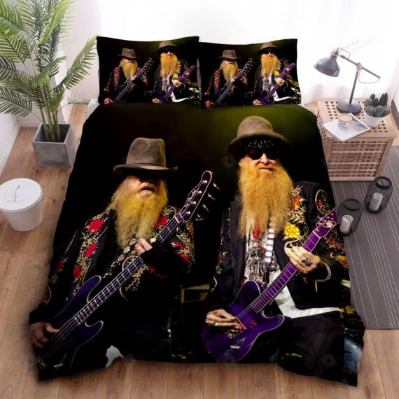 Personalized Bedding Set - Zz Top Playing Violet Guitars Photo Spread Included 1 Soft Duvet Cover or Quilt and 2 Lightweight Breathe Pillowcases