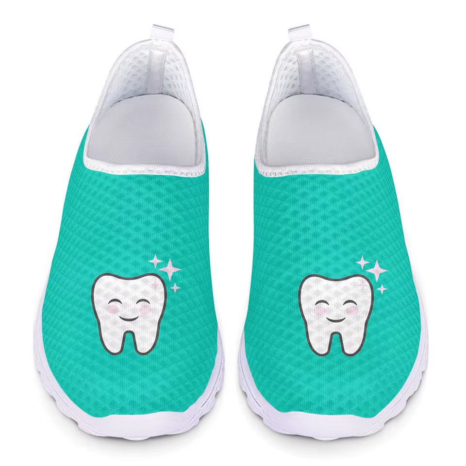 Women's Cute Tooth Dentist Print Slip-On Mesh Flats - Teal Breathable Casual Loafers for Dental Professionals