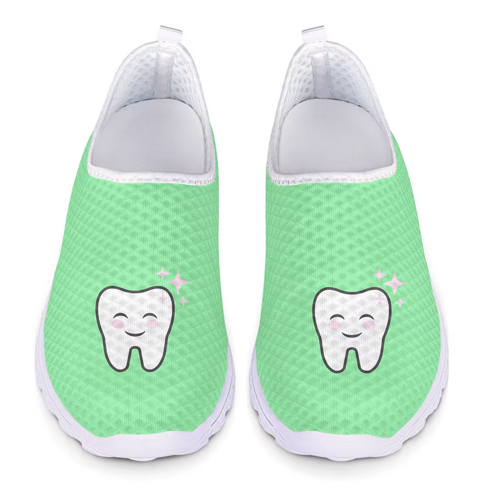 Women's Cute Tooth Dentist Print Slip-On Mesh Flats - Casual Green Summer Loafers and Sneakers for Dental Professionals
