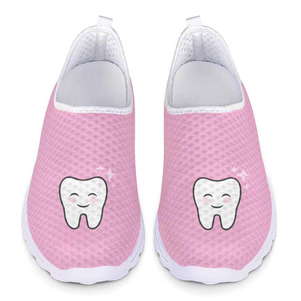 Women's Cute Tooth Dentist Print Pink Mesh Slip-on Flats - Casual Summer Sneakers & Loafers