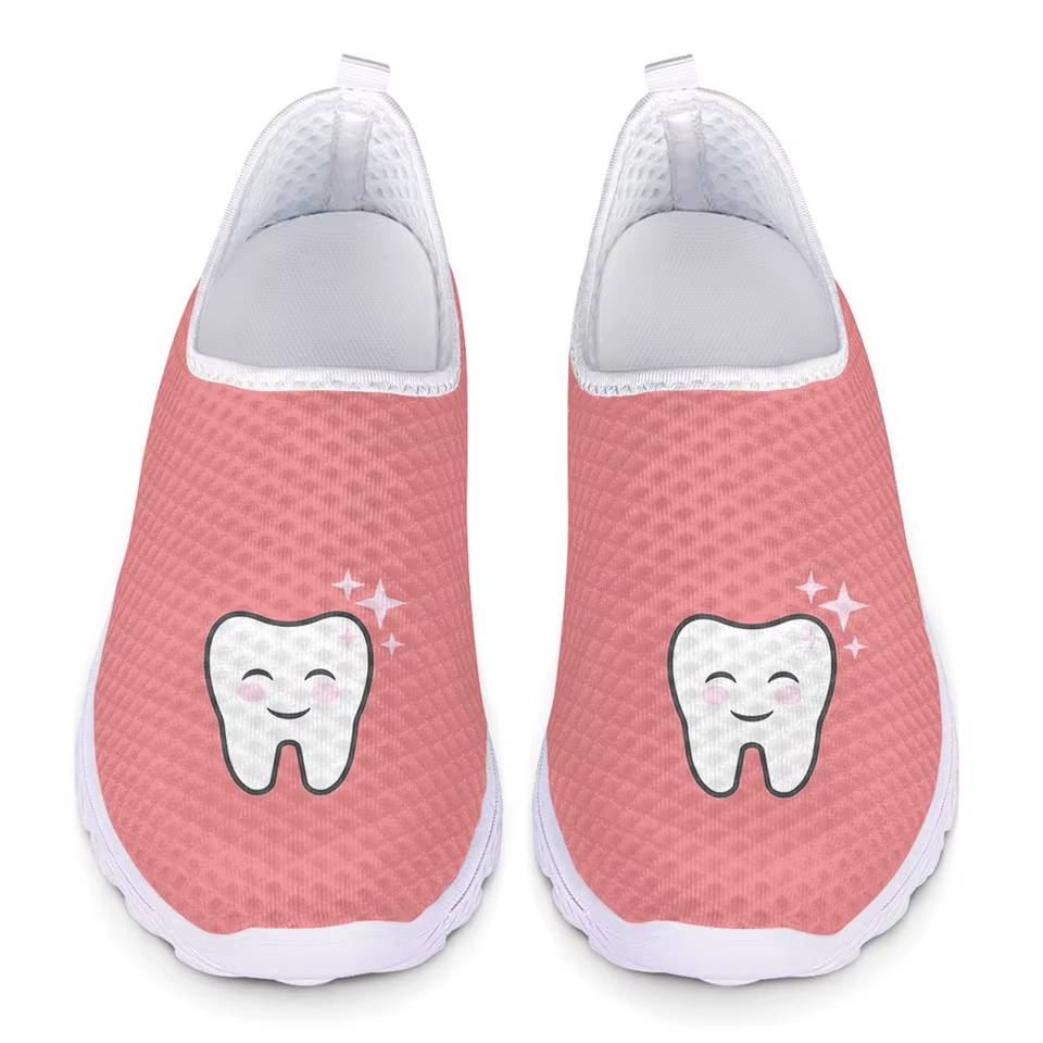 Women's Cute Tooth Dentist Print Slip-On Mesh Sneakers - Casual Summer Flats & Breathable Loafers for Dental Professionals - Pink